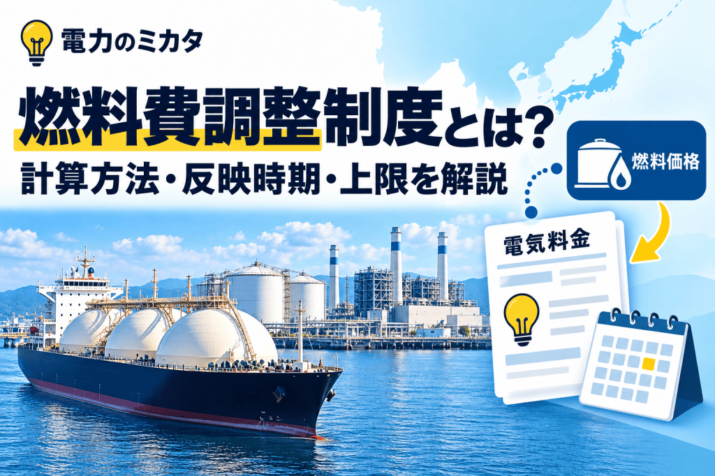 燃料費調整制度のアイキャッチ。LNG船と発電設備、燃料価格から電気料金への反映を表す請求書とカレンダー。